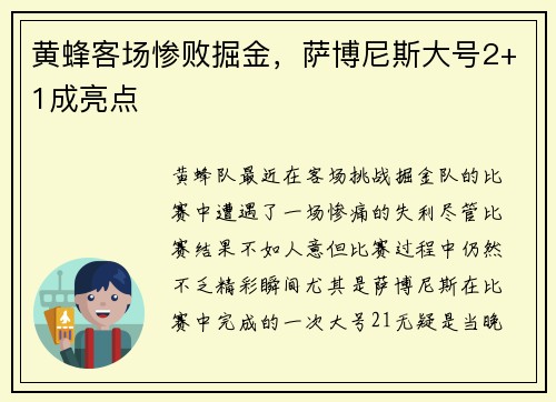 黄蜂客场惨败掘金，萨博尼斯大号2+1成亮点