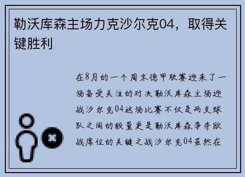 勒沃库森主场力克沙尔克04，取得关键胜利