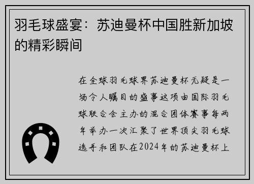 羽毛球盛宴：苏迪曼杯中国胜新加坡的精彩瞬间