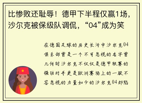 比惨败还耻辱！德甲下半程仅赢1场，沙尔克被保级队调侃，“04”成为笑柄