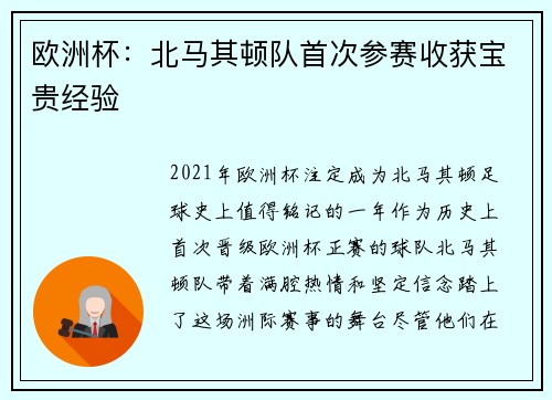欧洲杯：北马其顿队首次参赛收获宝贵经验