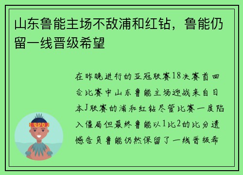 山东鲁能主场不敌浦和红钻，鲁能仍留一线晋级希望