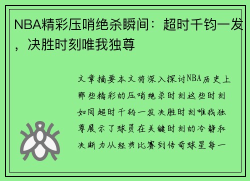 NBA精彩压哨绝杀瞬间：超时千钧一发，决胜时刻唯我独尊
