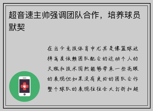 超音速主帅强调团队合作，培养球员默契