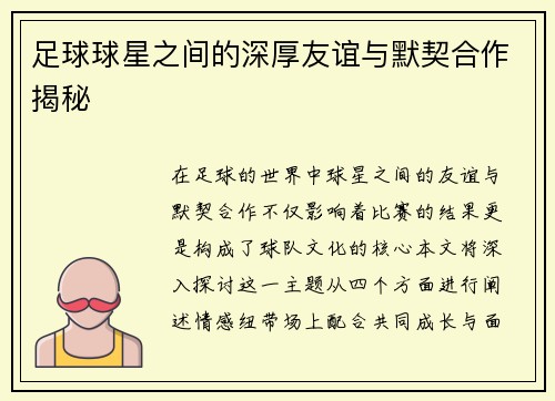 足球球星之间的深厚友谊与默契合作揭秘