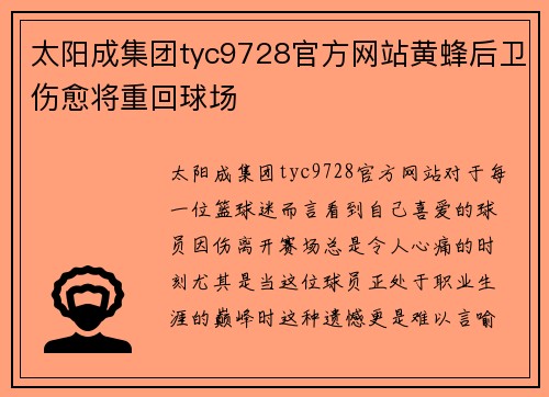 太阳成集团tyc9728官方网站黄蜂后卫伤愈将重回球场