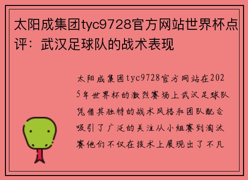 太阳成集团tyc9728官方网站世界杯点评：武汉足球队的战术表现