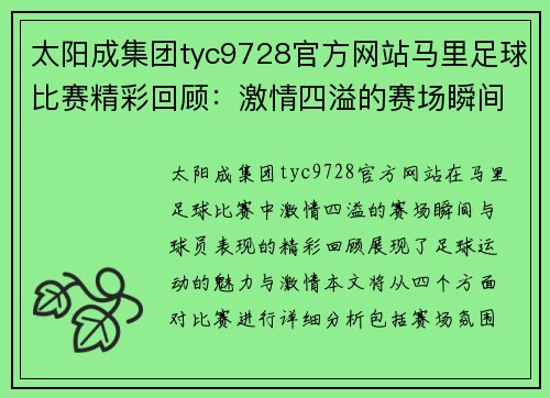 太阳成集团tyc9728官方网站马里足球比赛精彩回顾：激情四溢的赛场瞬间与球员表现分析